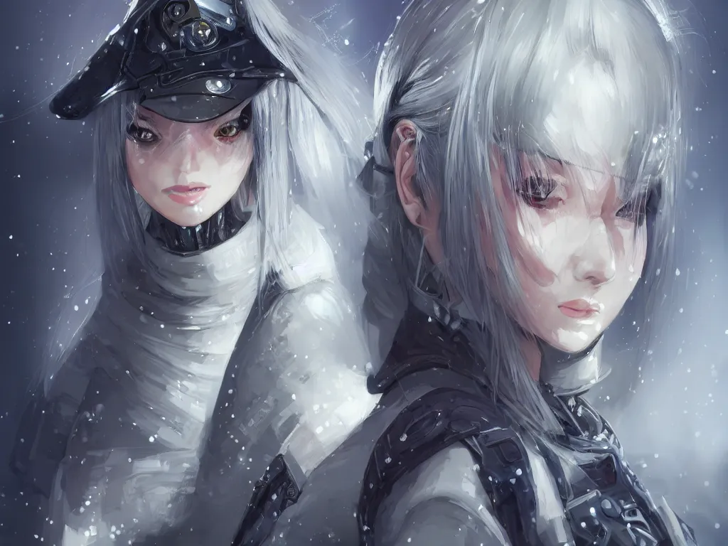 Image similar to portrait cyber warrior girl by yoda and shal. e and yam, by luker and ライコ and zumi on pixiv, grey hair dieselpunk wardrobe, in tokyo street cyberpunk snowy night, ssci - fi and fantasy, intricate and very very beautiful and elegant, highly details and digital painting, artstation, concept art, smooth and sharp focus