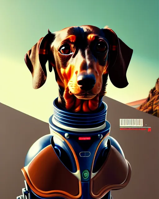 Prompt: hyper - realistic portrait of a dachshund robot, face angle, gta v cover art, celshading, sharp focus, intricate, detailed, rhads, andreas rocha, makoto shinkai, lois van baarle, ilya kuvshinov, greg rutkowski, dynamic lighting, grunge aesthetic, 4 k