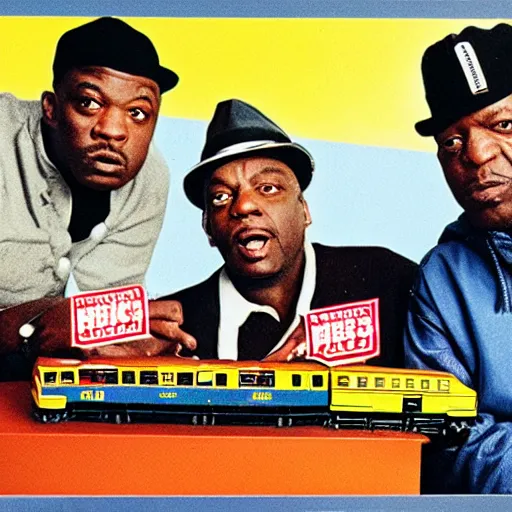 Image similar to album cover for public enemy playing with a toy train set eating hamburgers