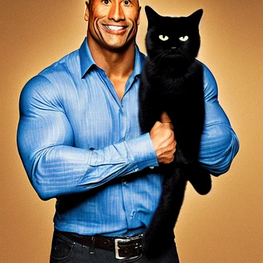 Image similar to dwayne johnson holding a black cat, studio lighting, promotional photograph