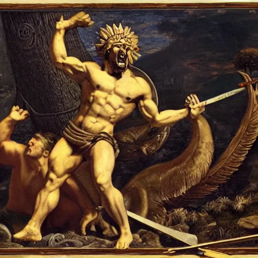 Image similar to The land art depicts the mythical hero Hercules in the moments after he has completed one of his twelve labors, the killing of the Hydra. Hercules is shown standing over the dead Hydra, his body covered in blood and his right hand still clutching the sword that slew the beast. His face is expressionless, betraying neither the exhaustion nor the triumph that must surely accompany such a feat. double exposure by Mikalojus Konstantinas Ciurlionis, by Filip Hodas distorted