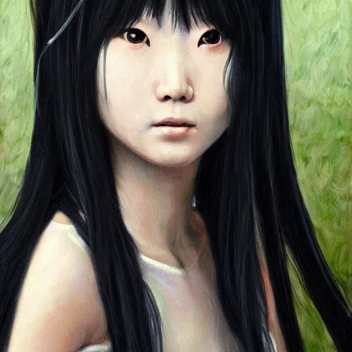 Image similar to realistic Portrait painting of Kimi Hime as Sadako, made by Michaelangelo and Gustave Courbet, physical painting, Sharp focus,digital art, bright colors,fine art, trending on Artstation, unreal engine.