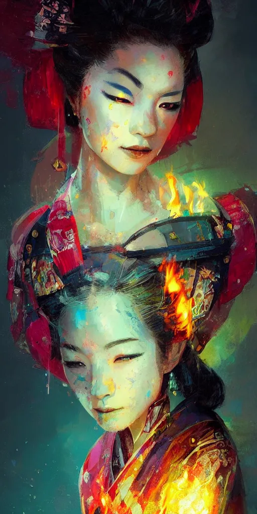 Image similar to female geisha girl holding a colorful flame, beautiful face, colourful, rule of thirds, intricate outfit, spotlight, by greg rutkowski, by jeremy mann, digital painting