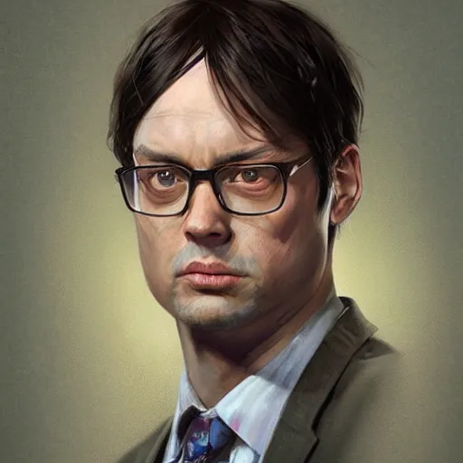 Image similar to hyper realistic, portrait of dwight shrute : : 2, ethnicity : japanese, painted by greg rutkowski, wlop, loish,