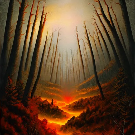 Image similar to a painting of a fire in a forest, a matte painting by Jeffrey Smith, deviantart, fantasy art, apocalypse landscape, apocalypse art, airbrush art