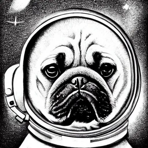 Image similar to pencil art, golden - ratio, spirals, highly detailed, astronaut pug in outer space by davinci.