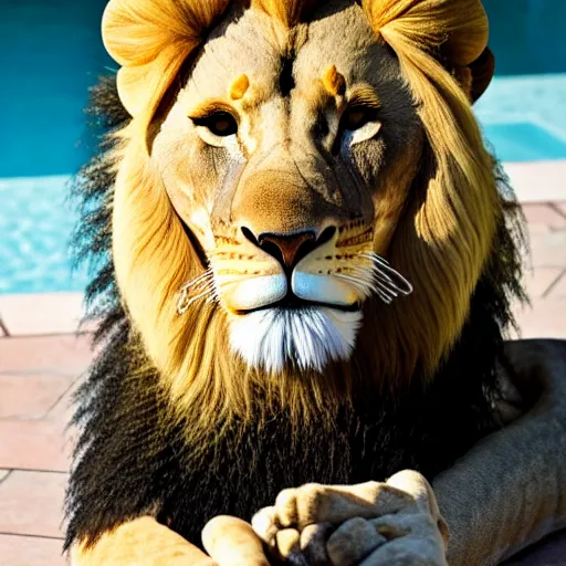 Image similar to a very detailed photo of a lion ( smoking a cigar ) outside the mansion by the pool