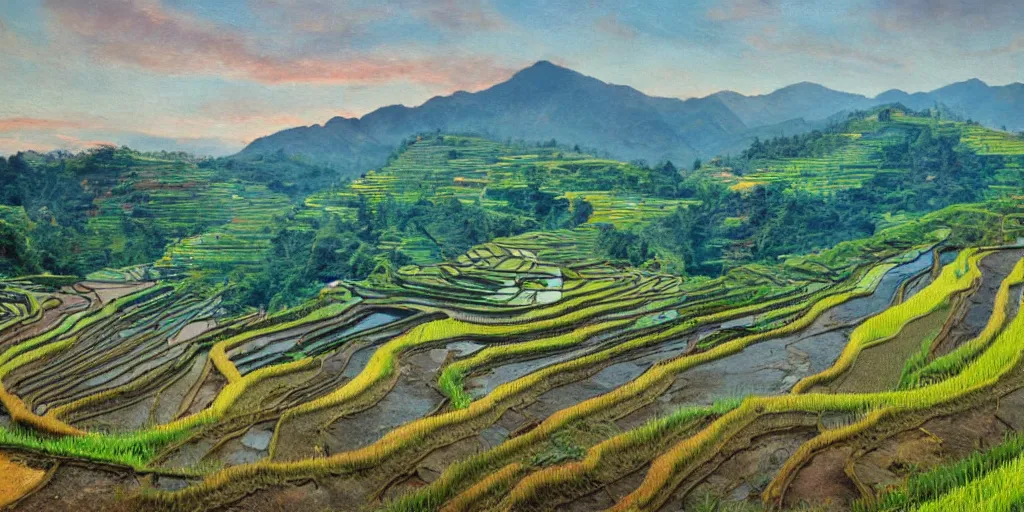 Prompt: painting of rice terraces in the evening