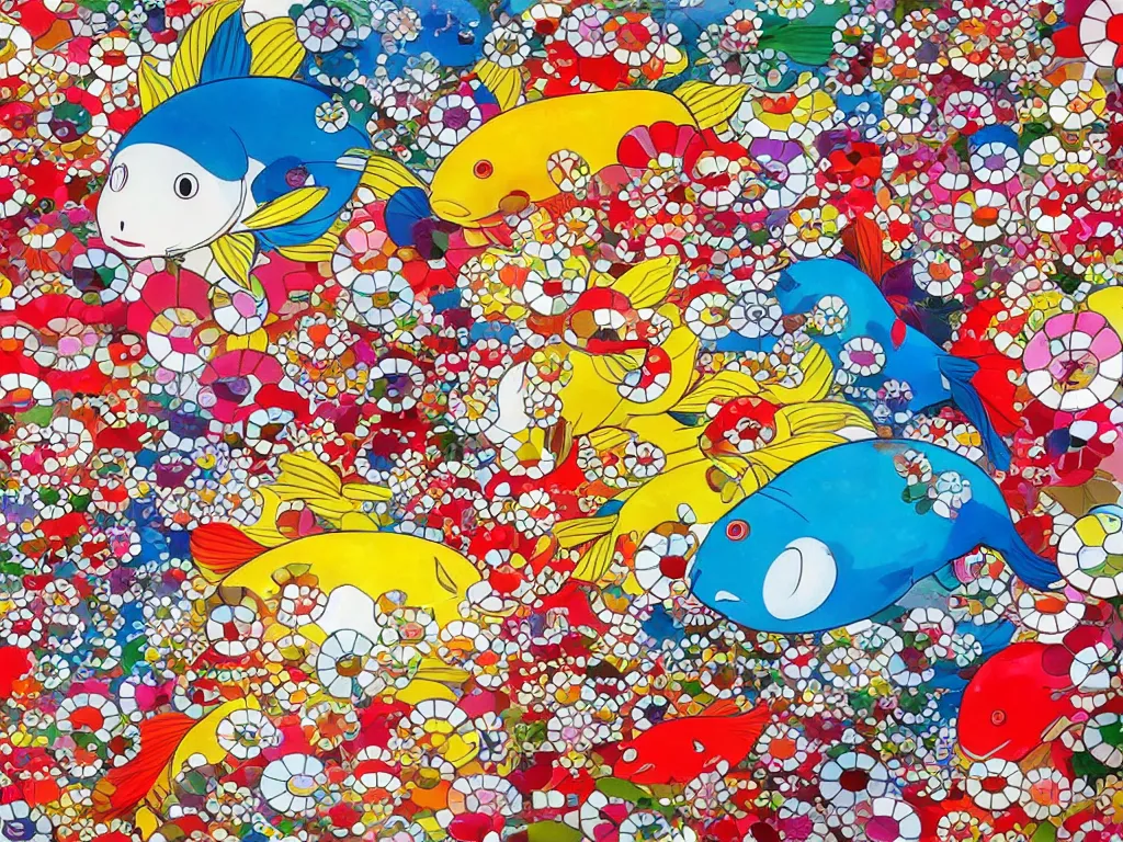 Image similar to colorful koi carp, illustration, concept art, colorful, beautiful, studio ghibli, takashi murakami, aoshima chiho, manga, cute and adorable