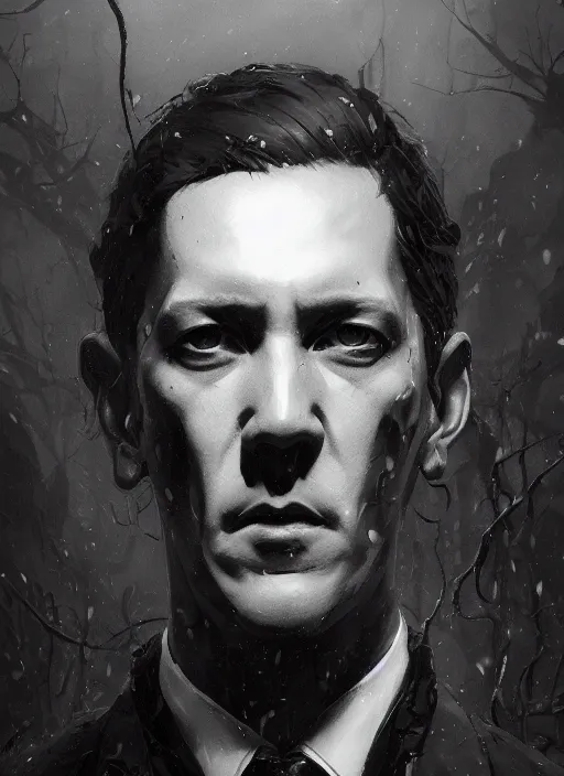 Image similar to highly detailed portrait of h p lovecraft by greg rutkowski, mike mignola, tom bagshaw artgerm and ross tran, beautiful dramatic dark moody lighting, cinematic atmosphere, glossy magazine painting, global illumination, deep color, 8 k resolution, high details, flickr, dslr, artstation