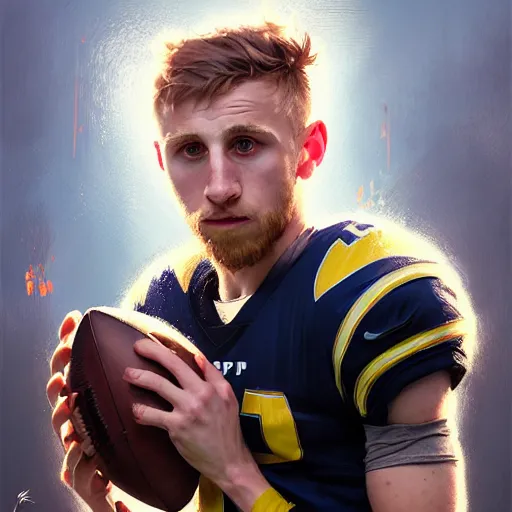 Image similar to highly detailed portrait of cooper kupp eating a football, unreal engine, fantasy art by greg rutkowski, loish, rhads, ferdinand knab, makoto shinkai and lois van baarle, ilya kuvshinov, rossdraws, tom bagshaw, global illumination, radiant light, detailed and intricate environment