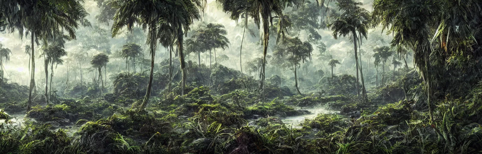 Prompt: painting of a jungle frozen over!! scene on an alien planet by vincent bons. ultra sharp high quality digital render. detailed. beautiful landscape. weird vegetation. water.