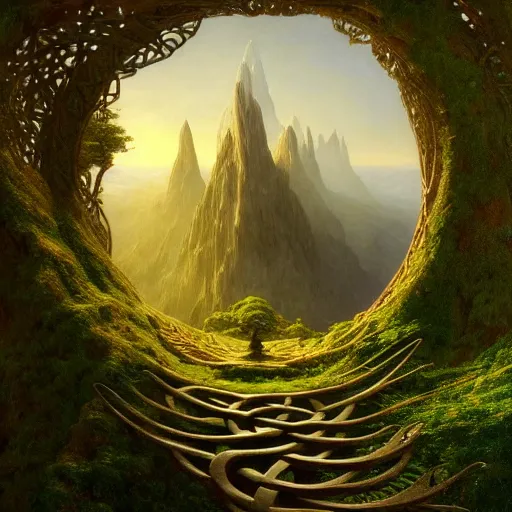 Image similar to a beautiful and highly detailed matte painting of a carved elven portal a land with no gravity, celtic knots, epic scale, insanely complex, hyperdetailed, sharp focus, hyperrealism, artstation, cgsociety, 8 k, by caspar friedrich, albert bierstadt, james gurney, brian froud,