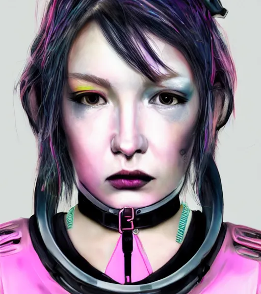 Image similar to detailed realistic female character cyberpunk wearing thick steel collar around neck, realistic, art, beautiful, 4K, collar, choker, collar around neck, punk, artstation, detailed, female, woman, choker, cyberpunk, neon, punk, collar, choker, collar around neck, thick collar, tight around neck, punk, choker, neon, neon, cyberpunk, technological