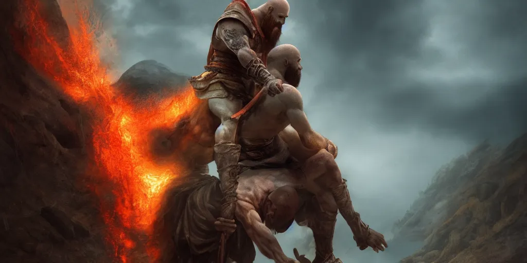 Prompt: Kratos carrying Frodo to Mount Doom, lava rivers, orange tone, very dramatic, general shot, trending on artstation,