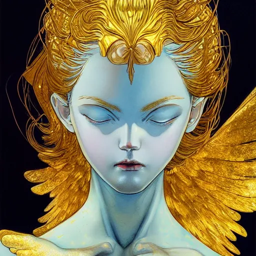 Image similar to prompt : angel women with golden wings soft light painted by james jean and katsuhiro otomo and erik jones, inspired by akira anime, smooth face feature, intricate oil painting, high detail illustration, sharp high detail, manga and anime 1 9 9 9