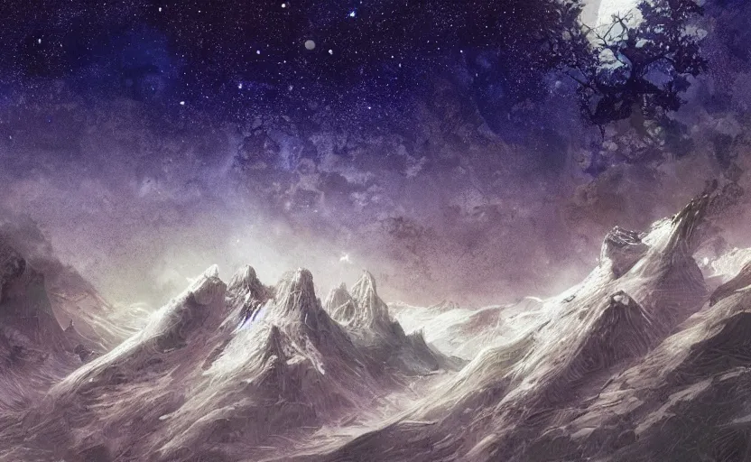 Prompt: mountains, stars and paisley filled sky, artstation, intricate, highly detailed, digital painting, concept art, sharp focus, illustration by Jean Claude Mézières and Yoshitaka Amano