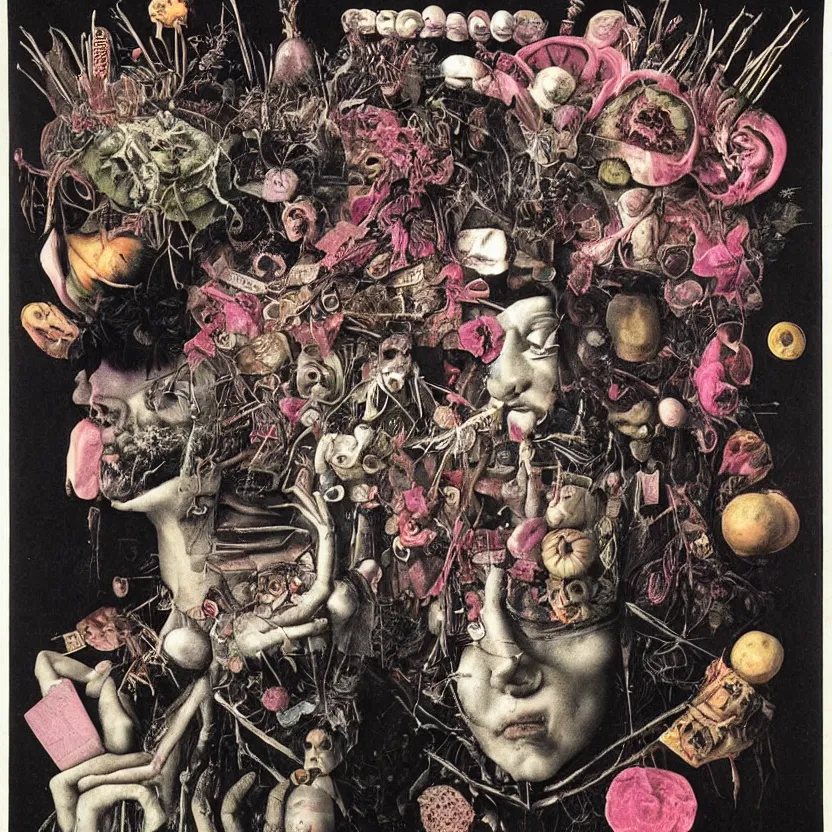 Image similar to post - punk new age album cover, asymmetrical design, dollar bank notes, capitalism, magic, apocalypse, psychedelic, black white pink, magic, giger h. r., giuseppe arcimboldo