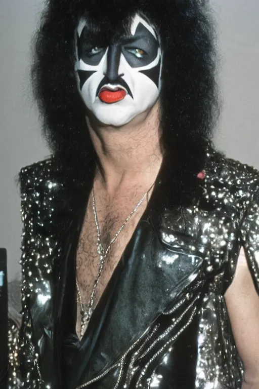 Image similar to portrait of lost member of rock band Kiss, 1975, 35mm lens, grainy