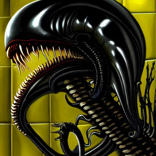 Prompt: black glossy xenomorph alien, endless empty office building, pale yellow wallpaper, moist brown carpet, dim fluorescent lighting, artstation, ultra detailed, creepy, dramatic lighting, photorealistic, art by h. r. giger