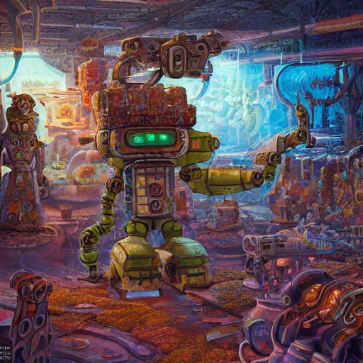 Image similar to On the morning of the robot queen's coronation, shadows of the past, The Mekanik Doll, chubby moss kitten, by jeff easley and Dylan Kowalski, highly detailed, digital painting, HDRI, by vivid colors, high contrast, 8k resolution, intricate, beautiful and thematically complex, smooth