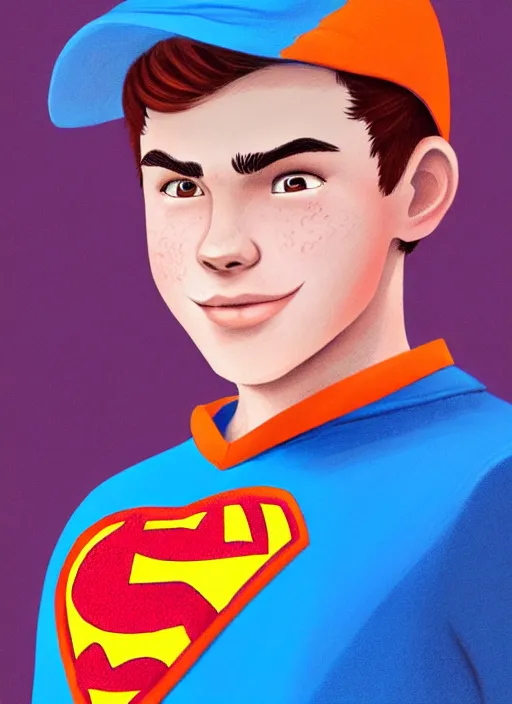 Image similar to friendly teenage archie andrews wearing an orange superhero costume with heart logo, heart, freckles, blue cape, heart emblem on chest, blue cape, intricate, elegant, glowing lights, highly detailed, digital painting, artstation, sharp focus, illustration, art by wlop, mars ravelo and greg rutkowski