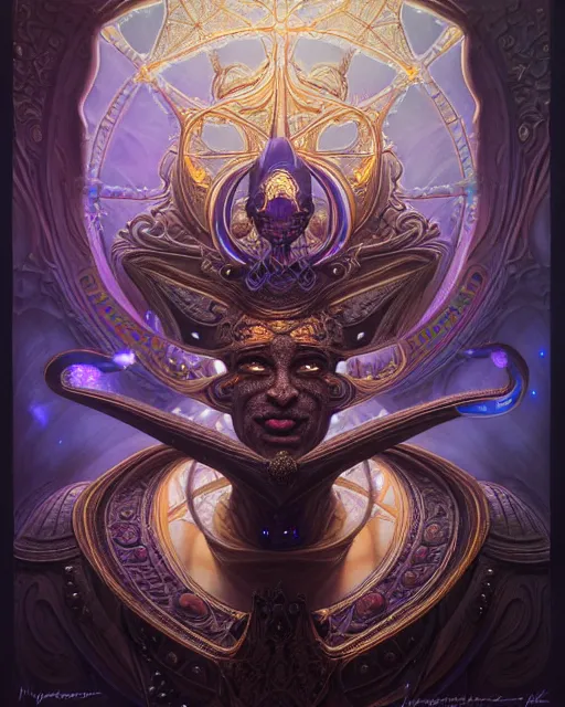 Image similar to front shot of a court jester character, hyperdimensional, bioluminescent hypercubes, ((intricate)), elegant, highly detailed, centered, (((artstation, concept art, smooth, sharp focus, artgerm, Tomasz Alen Kopera, Peter Mohrbacher, donato giancola, Joseph Christian Leyendecker, WLOP, Boris Vallejo))), mugshot!!!!!, ugly!!!!!!, octane render, nvidia raytracing demo, grainy, muted, 8K, digitalblasphemy