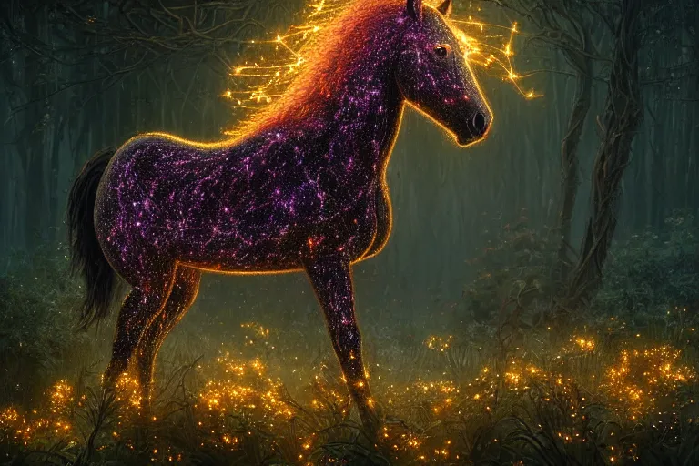 Image similar to a stunning horse completely made of fireflies with a thick mane of bioluminescent vines and flowers running through the woods by greg rutkowski, high key lighting, volumetric light, digital art, highly detailed, fine detail, intricate, ornate, complex, octane render, unreal engine, photorealistic