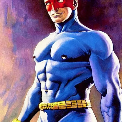 Image similar to painting by Frank Frazetta of Christian Bale!!!! as Dr. Manhattan in Watchmen