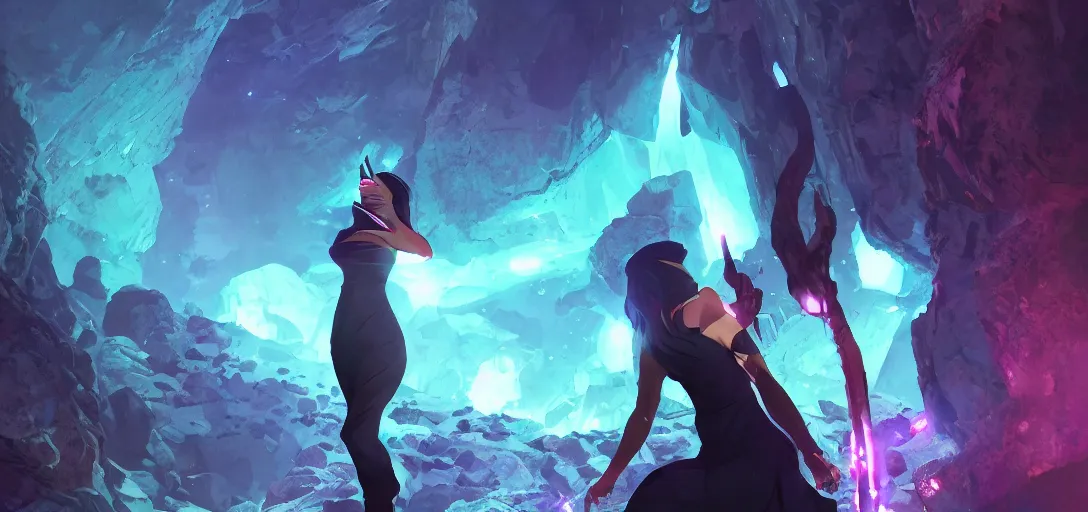 Image similar to Full body portrait of a Himalayan woman in a sleeveless dress,exploring a long sci fi cave with glowing crystals, dark colors, ominous, somber, detailed, by Studio trigger, wojtek fus, by Makoto Shinkai and Ilya Kuvshinov