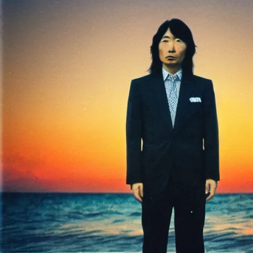 Prompt: japanese man with long hair in a suit standing in the ocean looking at the camera, wide shot, far away, zoomed out, sunset, album cover, 1980, tatsuro yamashita, ride on time