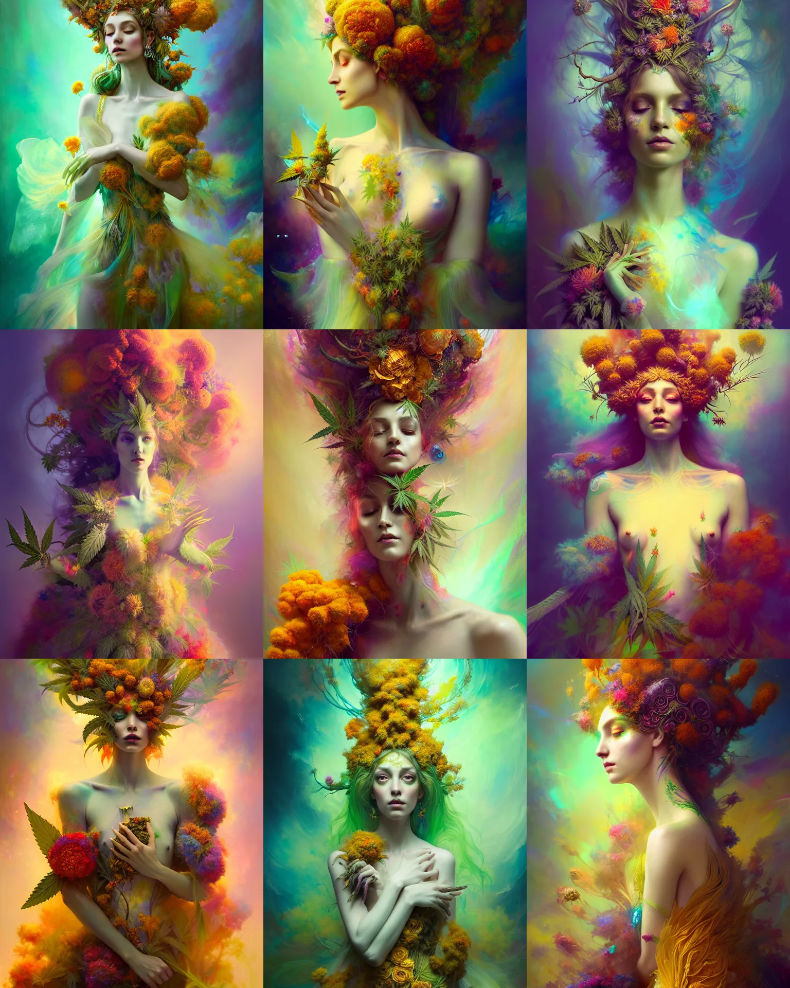 Prompt: Full View Portrait Mystical ethereal cannabis deity wearing beautiful dress, cannabis Dryad, 4k digital masterpiece by Anna dittman and Ruan Jia and Alberto Seveso, fantasycore, Hyperdetailed, realistic oil on linen, soft lighting, marigold background, featured on Artstation