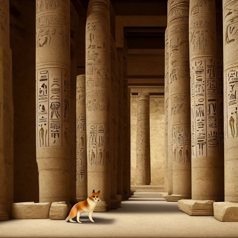 Image similar to a Shiba Inu walking through an ancient egyptian temple, dreamlike atmosphere, symmetrical baroque painting, perfect composition, beautiful detailed intricate high detailed octane trending on Artstation, 8K fine art photography, photorealistic, soft natural volumetric cinematic perfect light , chiaroscuro, award- winning photography, masterpiece, Raphael, Caravaggio, Greg Rutkowski, Beeple