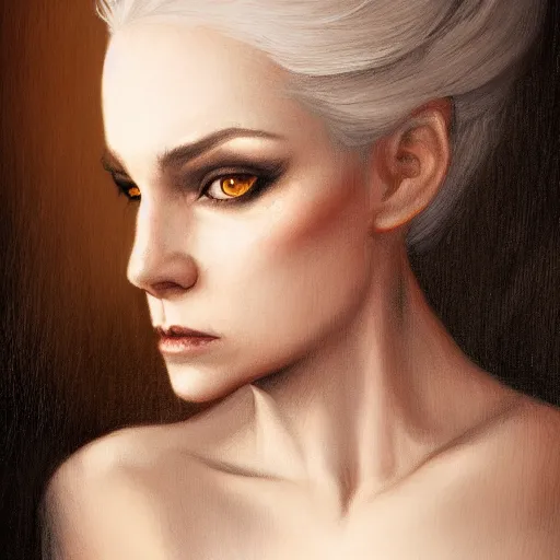 Image similar to a detailed matte head - on portrait painting of an middle - aged half - tiefling noblewoman with golden eyes and short well kept hair, by charlie bowater, lise deharme, wlop, tending on arstation, dungeons and dragon, dnd, pathfinder, fanart, oil on canvas