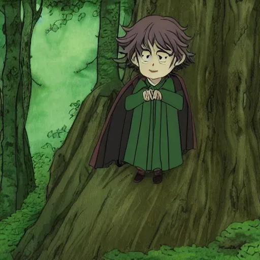 Prompt: peregrin took from the anime lord of the rings (1986), dark hair, green cape, hobbit, in the forest, studio ghibli, very detailed, realistic