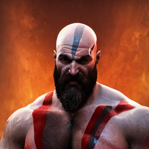 Image similar to kratos from god of war in diablo, au naturel, hyper detailed, digital art, trending in artstation, cinematic lighting, studio quality, smooth render, unreal engine 5 rendered, octane rendered, art style by klimt and nixeu and ian sprigger and wlop and krenz cushart