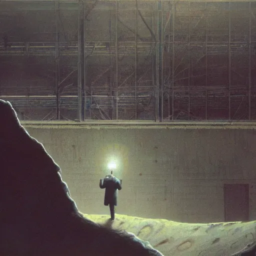 Prompt: an fbi agent looking at a ufo inside a giant warehouse, beksinski, wayne barlowe, very coherent symmetrical artwork, cinematic, hyper realism, high detail, octane render, 8 k