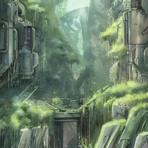 Image similar to Narrow cosy stream in beautiful overgrown futuristic sci-fi city in harmony with nature. Nice colour scheme, soft warm colour. Beautiful detailed watercolor by Lurid. (2022)