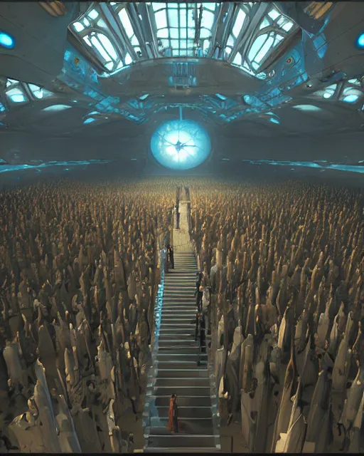 Prompt: scifi movie scene digital matte painting of a crowd in a futuristic church by craig mullins and ghibli, strong contrast, priest, pews, ethereal, inviting, bright, raking light, unreal engine 5, hyper realism, realistic shading, cinematic composition, blender render, octane render, hdr, detailed textures, photorealistic, wide shot