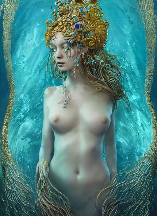 Prompt: portrait of beautiful underwater mermaid by irakli nadar with intricate detailed ornate headdress made of gold and gems stones, coral reefs, haunting, elite, elegant, melting wax, mycelia, abstract impressionism, ruan jia, dark fantasy, hyper detailed, concept art, by gustav klimt