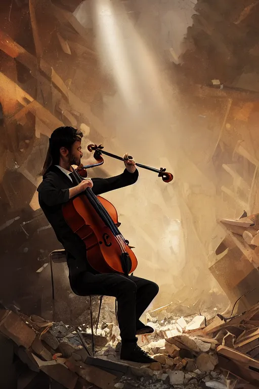 Prompt: a portrait of a cellist playing in the rubble of a fallen building, beautifully lit, slightly surreal, concept art, sharp focus, artstation