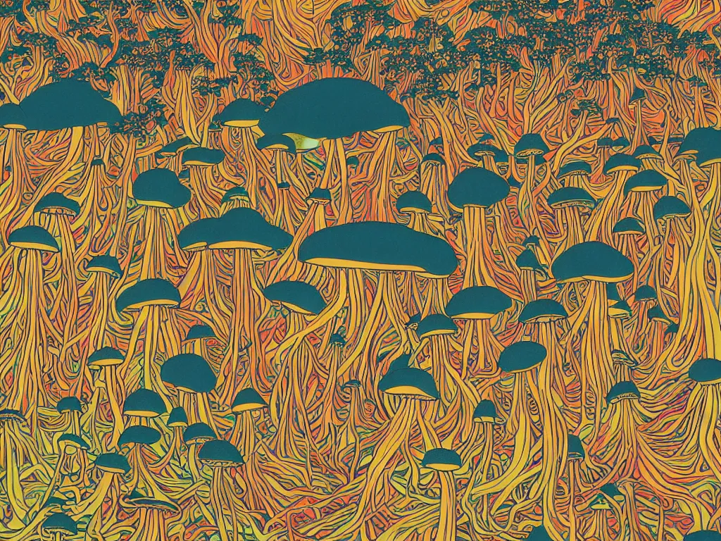 Prompt: My friends and brothers had taken some psychedelic mushrooms and were tripping, flat design, screen print by Kawase Hasui, jeffrey smith and rlon wang