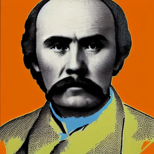 Image similar to taras shevchenko. face like in his portraits. old, balding, very long moustache. intricate sticker design by andy warhol