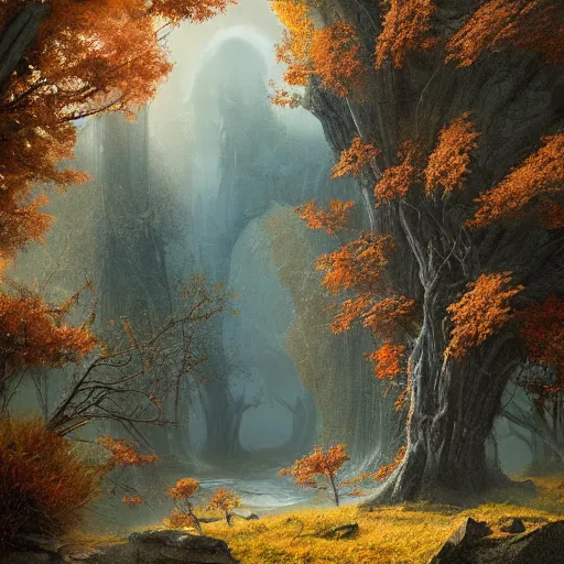 Prompt: the mist in the autumn valley, the ancient magical bridge by quentin mabille