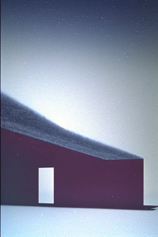 Image similar to emissary space by arthur haas and bruce pennington and john schoenherr, photo realism, cinematic matte painting, james turrell building in the mountains with falling snow, monochrome color palate, pink sunset,