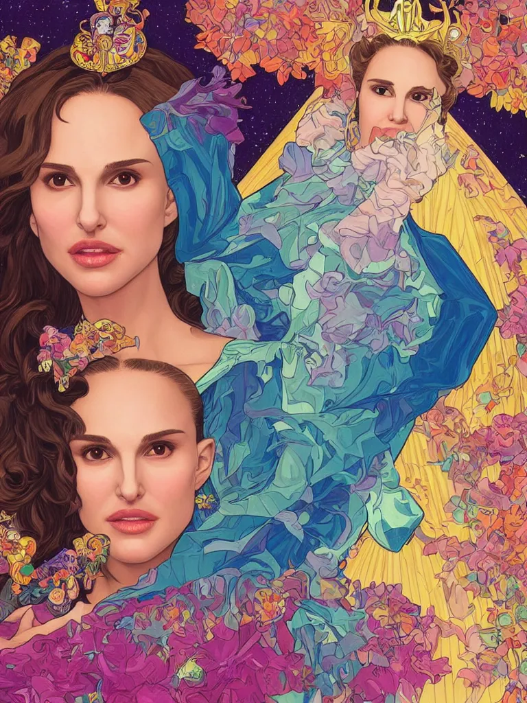 Prompt: beautiful realistic portrait of Natalie Portman as a sci fi 90s princess by Lisa Frank, Seth McMahon and Alphonse Mucha