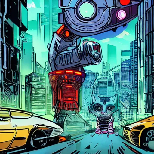 Prompt: cyber - james rescue cats in cyber retro future city from robots and mutants