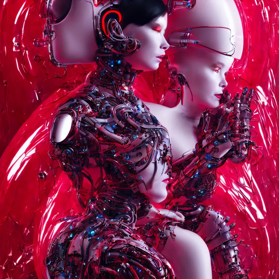 Prompt: bjork fashion portrait, vogue, red biomechanical, inflateble shapes, wearing epic bionic cyborg implants, masterpiece, intricate, biopunk futuristic wardrobe, highly detailed, artstation, concept art, background galaxy, cyberpunk, octane render
