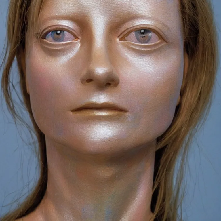 Prompt: beautiful close - up studio photograph of colorful postmodern portrait sculpture of jodie foster, beautiful symmetrical!! face accurate face detailed face realistic proportions, made of spray - painted beeswax on a pedestal by ron mueck and matthew barney and greg rutkowski, hyperrealism cinematic lighting shocking detail 8 k