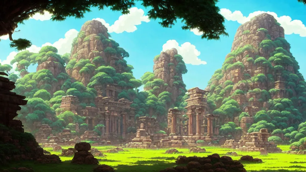 Image similar to ancient temple ruins, studio ghibli, pixar and disney animation, sharp, rendered in unreal engine 5, highly detailed, digital painting, artstation, concept art, smooth, sharp focus, illustration, wide angle, artbook, wallpaper, splash art, promo art, dramatic lighting, art by artgerm and greg rutkowski and bo chen and jin xiaodi
